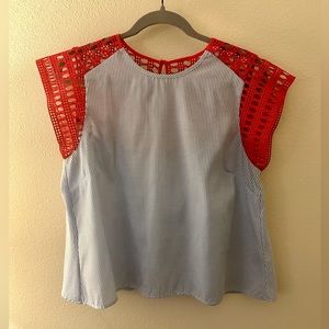 Anthropologie Maeve swing top in blue stripes, red detailing (small)